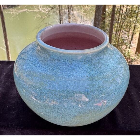 Rare 1935 Pisgah Forest Turquoise Blue & Pink Low Bowl Vase Nice! - Picture 4 of 10